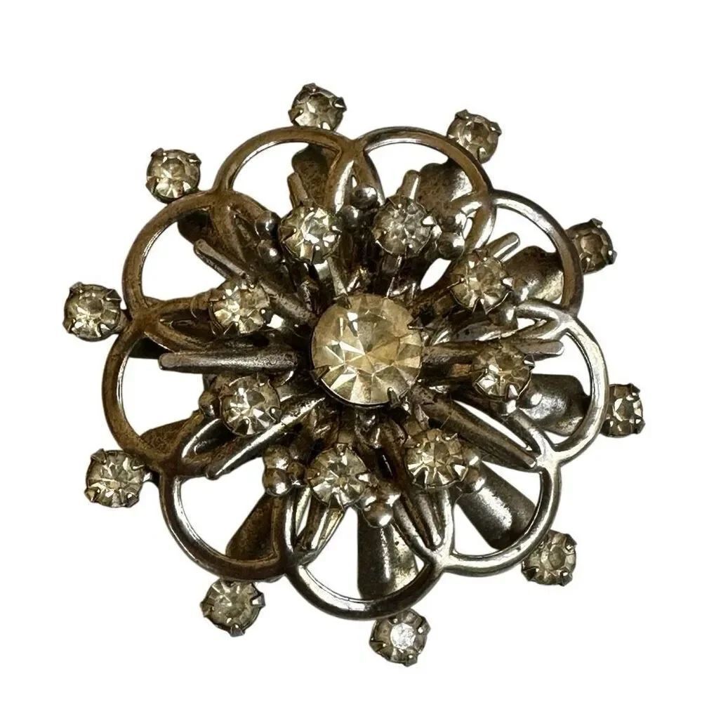 Vintage Rhinestone Starburst Brooch Pin — Mid-Century Silver-Tone